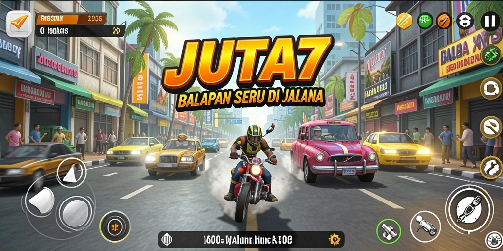 Tangkapan layar gameplay JUTA7 yang menampilkan aksi balapan mendebarkan.