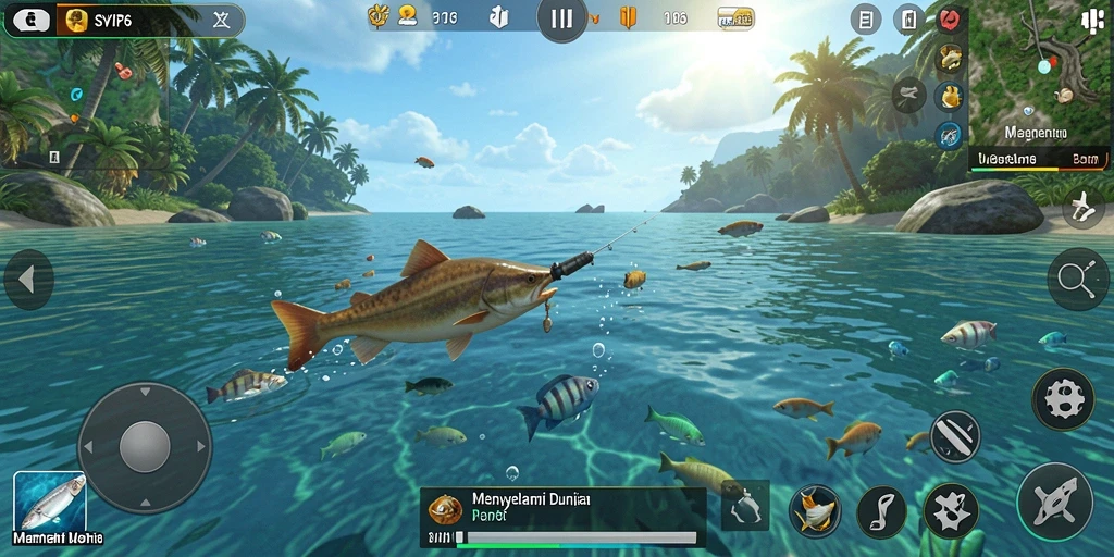 Screenshot gameplay SVIP6 yang menunjukkan aksi memancing seru.